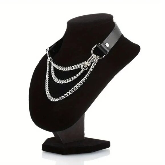 New Genuine Leather Gothic Choker Punk Collar Black Metal Chains Necklace Unisex - Picture 2 of 3